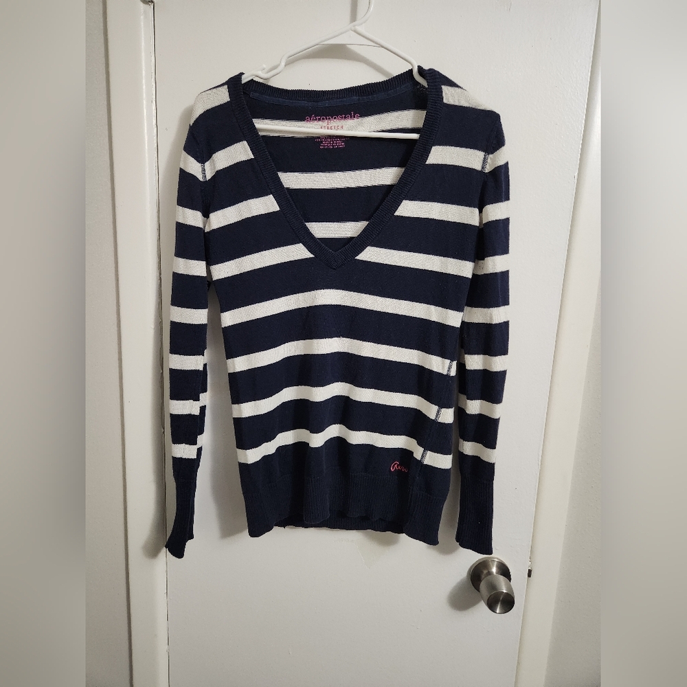 Navy and White Striped V-Neck Sweater